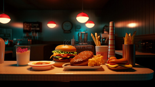 线条简洁背景图片_餐桌牛奶汉堡食物背景