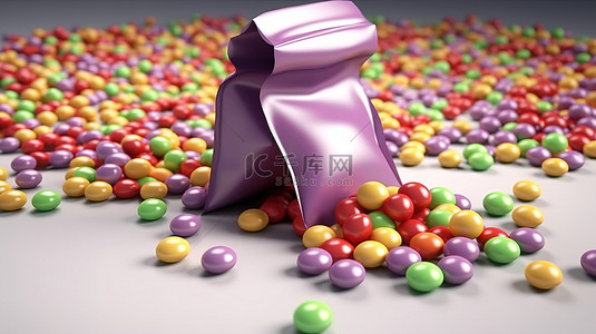 糖果派对背景图片_糖果涂层 3D 插图，充满活力的巧克力豆从零食包装中爆裂