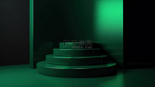 抽象圆柱体在 3D 渲染中显示绿色现代简约讲台