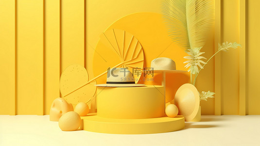 夏季主题的 3D 讲台以鲜艳的黄色呈现，以实现最佳产品展示