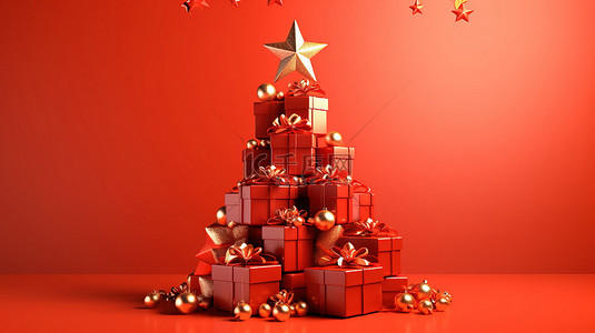 红金背景图片_节日促销横幅，带有 3D 渲染的圣诞树和红色背景的新年礼物