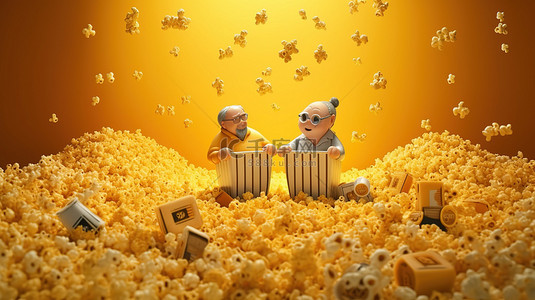 大朋友携手小朋友背景图片_男性朋友享受电影之夜，并附有 3D 爆米花溢出插图