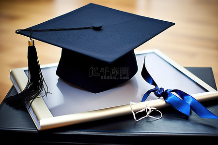 毕业帽旁边放着平板电脑和文凭