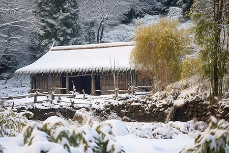 冬天竹子背景图片_安徽雪中的乡村小屋