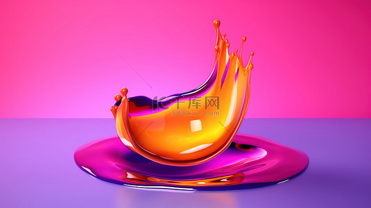 3D 渲染图片充满活力的液体斑点漂浮在粉色和橙色渐变背景上