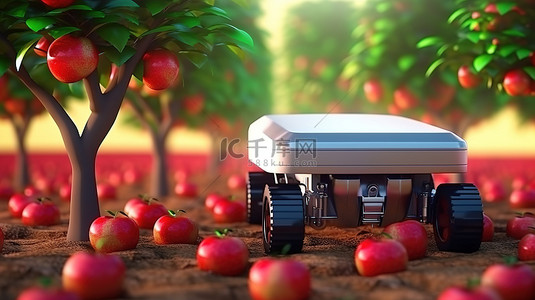 0可爱背景图片_革命性的农业技术，具有 3D 渲染机器人助手和鲜红的苹果