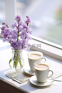 两杯鲜花旁边是一杯热咖啡