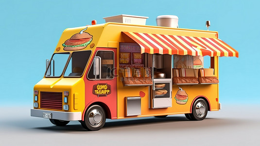 移动餐馆食品卡车热狗车汉堡面包车披萨卡车和咖啡拖车的 3D 效果图