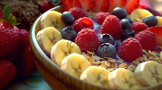 美味的阿萨伊碗，上面放着热带水果格兰诺拉麦片香蕉覆盆子麦片，淋上炼乳特写 3D 渲染