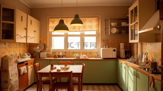 家背景图片_厨房桌子餐厅绿色卡通背景