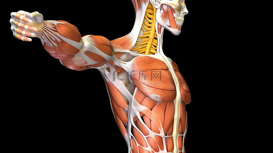 医学运动背景图片_3D 医学模型展示肩部运动范围屈曲伸展和过度伸展