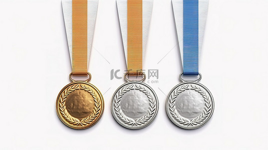 奖章第一名背景图片_白色背景上的一组 3D 渲染奖牌金银牌和铜牌
