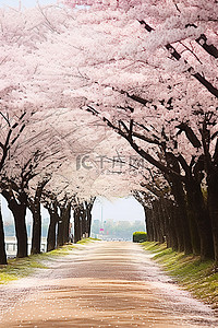 安东河回村背景图片_有很多樱花树的花线