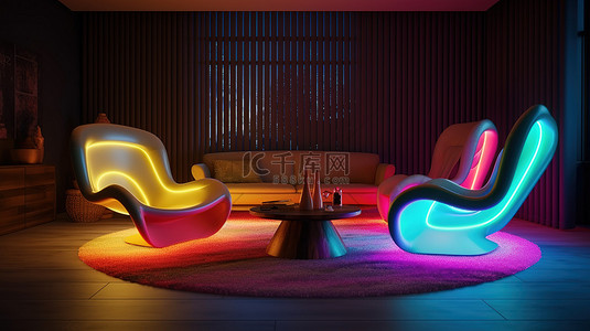 充满活力和现代的房间设计，配有霓虹灯海湾照明彩色拱门扶手椅和咖啡桌 3D 渲染