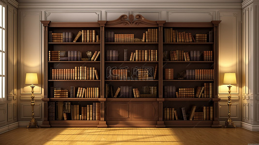 文房背景图片_经典木制图书馆中的教育书籍和学习空间的 3D 插图