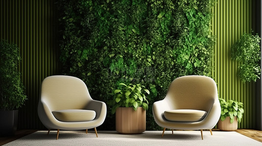 绿墙客厅，配有植物装饰和 3D 创建的扶手椅上的情侣
