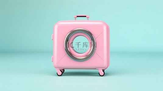 3D 渲染中粉色柔和手提箱背景上的夏季旅行振动橡胶圈