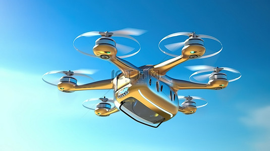 四轴飞行器无人机的 3D 渲染，相机在清澈的蓝天中飞行