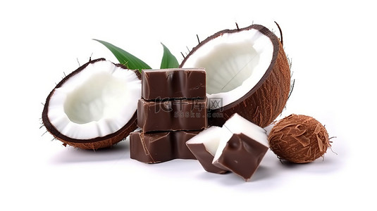 白色背景背景图片_白色背景下的椰子巧克力 3D 渲染