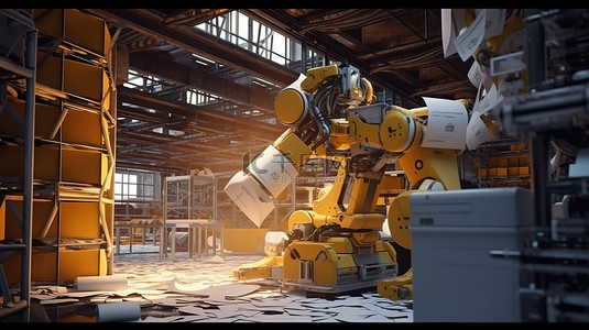 自动化造纸厂的机器人工人 3D 渲染图像