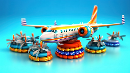 充满活力的 3D 渲染卡通飞机用横幅庆祝生日