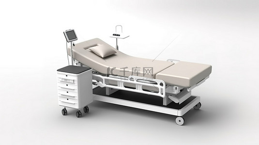 护理医院背景图片_医院病床的 3D 渲染，带有电子控制台滴管和带有阴影的白色背景的桌子