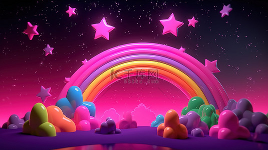 带粉色彩虹和 3d 星星动画的夜空