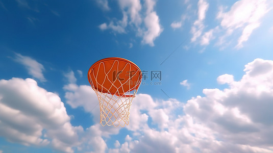 在蓝天和云彩的背景下，橙色篮球被射向篮筐的 3D 渲染