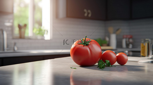 模糊的食物背景图片_厨房场景，台面上有一个 3D 渲染的番茄
