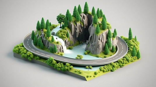 高速公路道路背景图片_迷人的等距 3d 飞行道路在青翠的森林和孤立的高速公路上的雄伟瀑布中