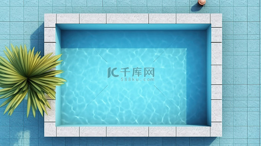 热带夏季背景的顶视图，带有简约的游泳池和蓝色的水 3D 渲染