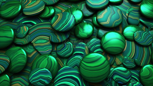 绿色复杂花纹背景图片_精致的孔雀石绿色宝石，具有复杂的纹理 3D 插图