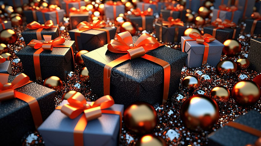 喜庆 3D 圣诞节和新年派对装饰球丝带和礼品盒