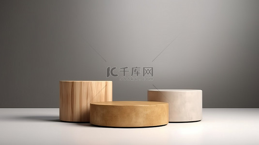 木制 3D 讲台支架，圆形形状，隔离在灰色背景上，并由自然光照明