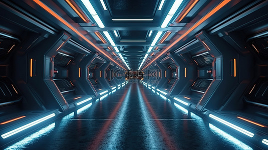 宇宙背景图片_具有黑暗扭曲 3d 渲染的未来派太空飞船走廊