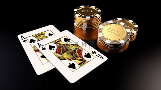 质量背景图片_高质量 3d 渲染的赌场金筹码和带有剪切路径的黑色扑克牌