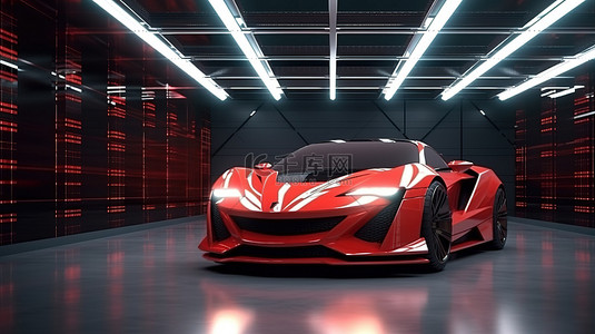 通用车库中的未来红色跑车无品牌 3D 概念