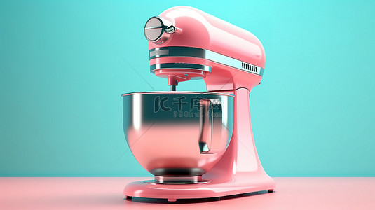 蓝色背景 3D 渲染上的双色调风格粉色厨房立式搅拌机
