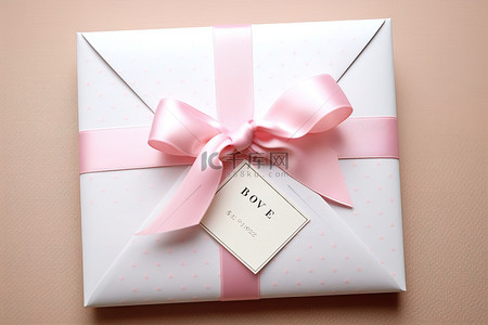 白色信封，在粉红点的中心包裹着粉红丝带