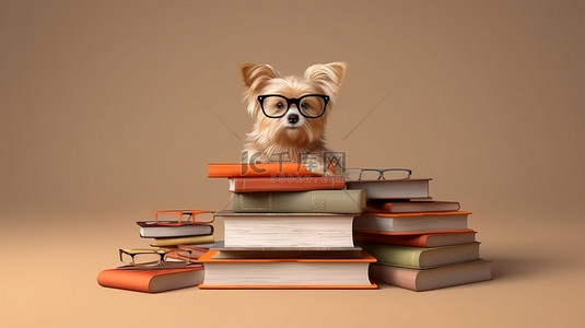 眼镜专卖店背景图片_3d 渲染的犬类学者，戴着眼镜和书籍
