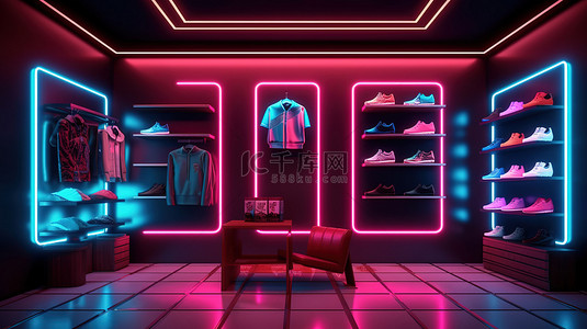一家商店的 3D 插图，配有时尚商品鞋履配件和充满活力的霓虹灯