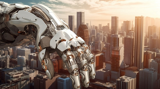 未来机器城背景图片_城市景观背景增强了 3D 渲染的机器人手