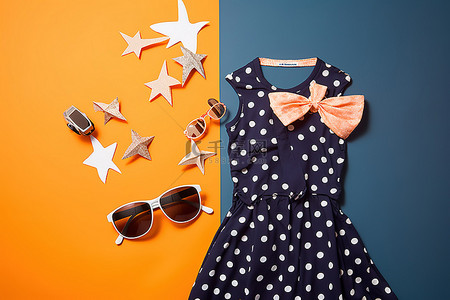 玩具交通工具背景图片_橙色背景中的裙子和太阳镜，上面有星星飞行玩具和纸飞机