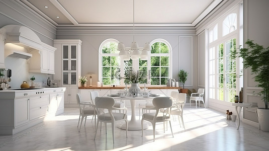 优雅风景背景图片_优雅餐厅的高品质 3D 渲染，配有白色经典厨房岛屿和舒适的椅子，由公寓风景的自然光照亮