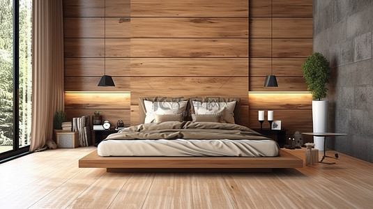 干净的设计木质装饰，打造宁静的卧室 3D 渲染