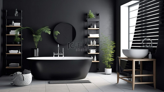 浴室洗脸盆背景图片_3D 渲染时尚时尚的浴室，配有黑墙背景浴缸梯子和洗脸盆