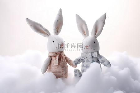 两只兔子坐在有雪的云上