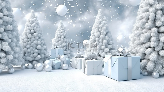 节日 3D 冬季场景，配有礼品盒雪圣诞树和节日装饰品