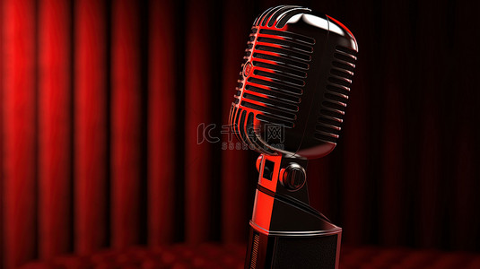 红色窗帘背景与站立黑色麦克风 3D 渲染插图与自由度效果