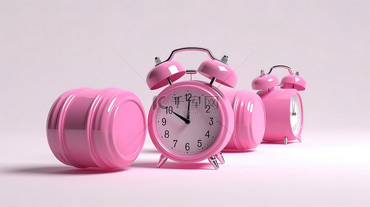 女性饮食健康背景图片_3d 渲染孤立白色背景的插图，带有粉红色哑铃和闹钟